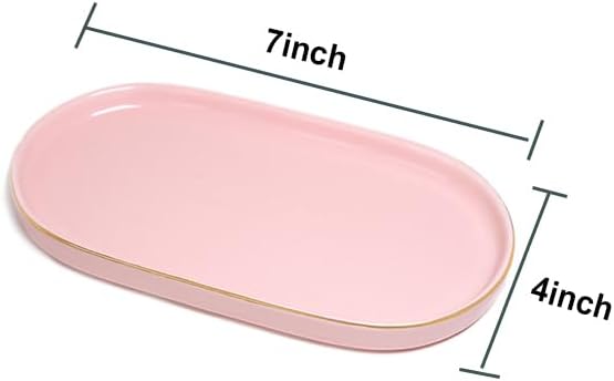 Ceramic Jewelry Dish, Perfume Vanity Tray, 7x4 Decorative Catch All Bowl for Trinket Key Ring, Small Bathroom Counter Tray, Soap Tray for Kitchen Sink (Pink)