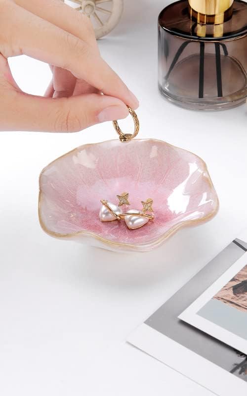 2PCS Lotus Leaf Shape Ring Holder Dish, Small Key Bowl, Ceramic Trinket Tray Jewelry Dish Organizing Necklace Earrings for Mom Friend Sister, All Jewelries Are NOT Included.Pink+Light Green.โฆ
