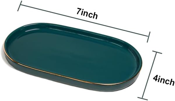 Ceramic Jewelry Dish, Perfume Vanity Tray, 7x4 Decorative Catch All Bowl for Trinket Key Ring, Small Bathroom Counter Tray, Soap Tray for Kitchen Sink (Green)