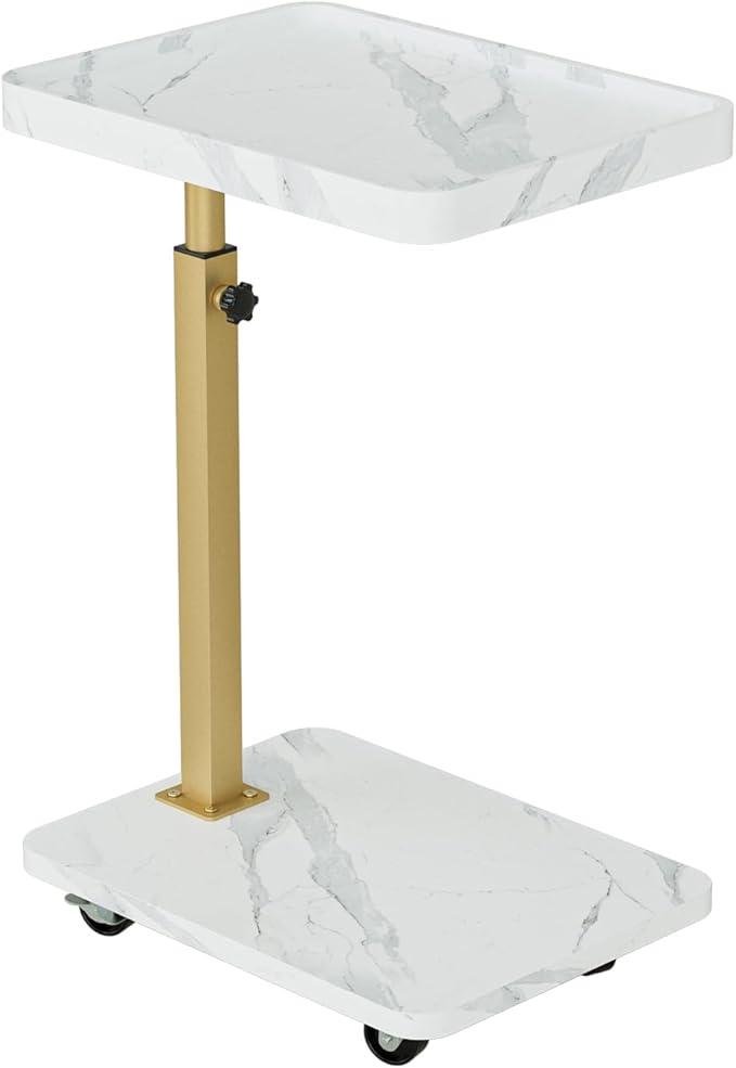 TV Tray Table, Adjustable Dinner Trays for Eating Table,360° Swivel& Sofa Armrest End Side Couch Snack Table for Sofa, Bedroom, Living Room, C Shaped End Table that Slide Under(White+Gold)