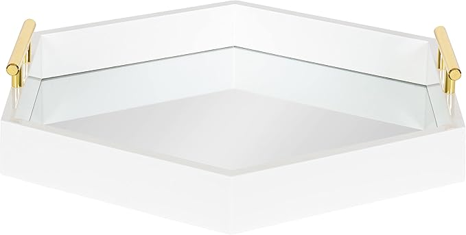 Kate and Laurel Lipton Modern Hexagon Mirrored Tray; 18 x 18; White and Gold; Midcentury Decorative Serving Tray for Storage and Display