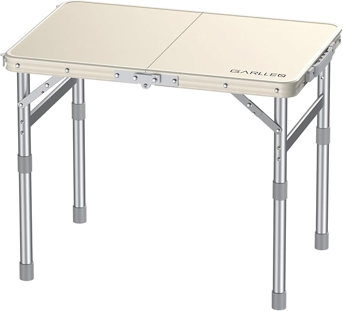 GARLLEN Waterproof Camping Table with High-Density Plastic Tabletop, Portable Folding Picnic Table with 3 Adjustable Height, Aluminum Frame Outdoor Table for BBQ, Camping, Indoor Use, 22.8"L x 15.7"W