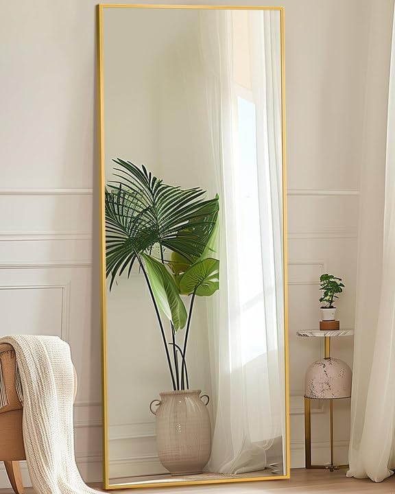 Antok Full Length Mirror, 56"x14" Floor Mirror with Stand, Hanging Mounted Mirrors for Bedroom, Living Room, Cloakroom, Dining Room, Gold, Rect
