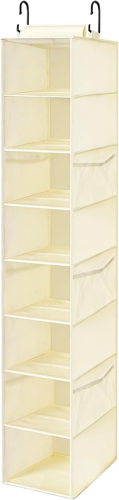 Hanging Shoe Organizer for Closet with 8 Shelves,Mesh Pockets-Wider Hanging Shelves for Shoes,Clothes,Hats With Sturdy Bamboo-Supported Design (Beige)