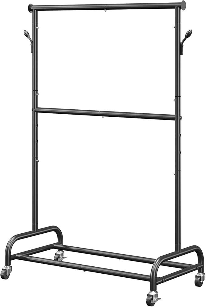 VEVOR Clothes Rack, Rolling Clothing Garment Rack with Adjustable Crossbar and Side Hooks, 150 lbs Load Capacity, Heavy Duty Carbon Steel Clothing Racks with Wheels for Bedroom, Laundry, Living Room