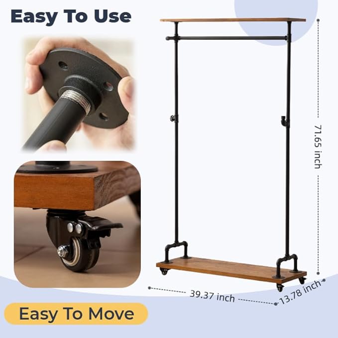Industrial Pipe Clothing Racks, Rolling Garment Racks, Hall Tree on Lockable Wheels with Shelves and Shoes Storage, Heavy Duty Clothes Rack (Free Standing)