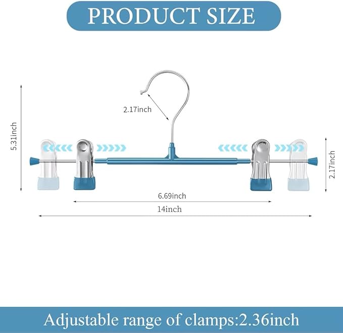 14Inch Blue Pants Hangers with Clips 20 Pack Adjustable Skirt Hangers for Women Non-Slip Trousers Hanger for Jeans Clothes Hangers for Pants Heavy Duty Space Saving Shorts Hangers