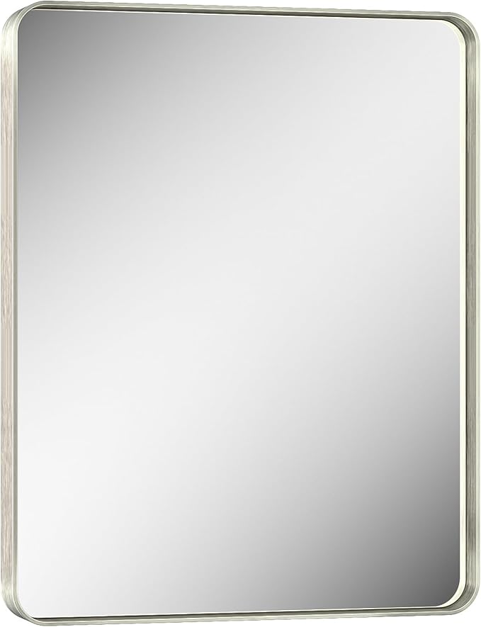 Keonjinn 24 x 30 Inch Brushed Nickel Bathroom Mirrors for Over Sink, Rounded Rectangle Silver Bathroom Vanity Mirror, Farmhouse Mirror for Wall, HD Tempered Glass, Anti-Rust Aluminum Alloy Mirror