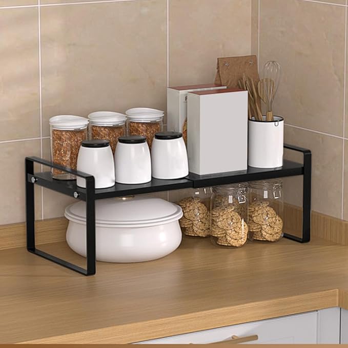Expandable Cabinet Shelf Organizer Adjustable Storage Rack Stackable Metal Home Organization for Kitchen Pantry Spice Cupboard Under Sink Countertop - Black, 1 Pack