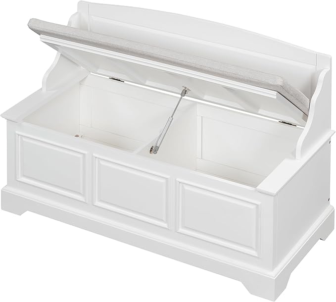 LUMISOL Shoe Storage Bench with Cushion, 41.7“ Farmhouse Entryway Bench with Soft-Close Devices and Hidden Storage, Upholstered Storage Ottoman for Living Room, Entryway, Bedroom, White