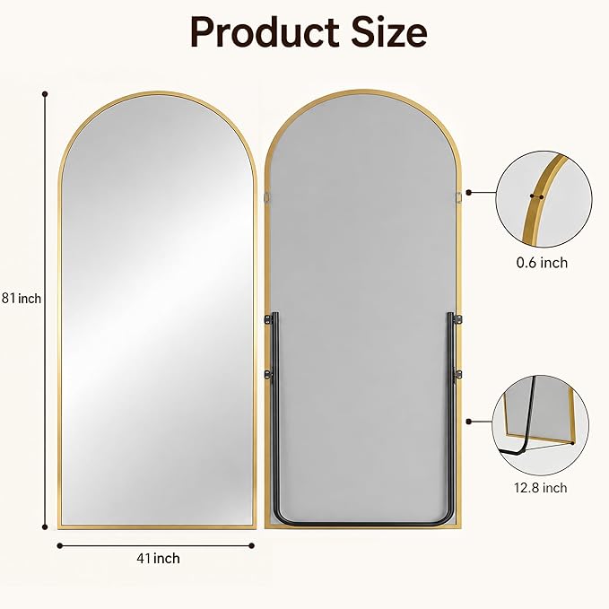 Antok Full Length Mirror, 81"x41" Floor Mirror with Stand, Hanging Mounted Mirrors for Bedroom, Living Room, Cloakroom, Dining Room, Gold, Arched
