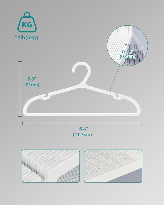 ABHENG 100 Pack Clothes Hangers, Non Slip Plastic Coat Hangers, Space Saving Hangers, Heavy Duty, Hanging Dry Wet Clothes, 16.4" x 8.3", White, UAPY05100W