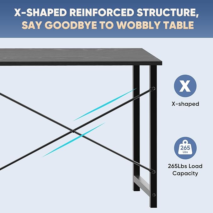 DUMOS 55 Inch Computer Desk for Home Office, Modern Study Work Table Simple Style for Bedroom Small Space, Large Writing Desks with X-Shaped Reinforcement, Black