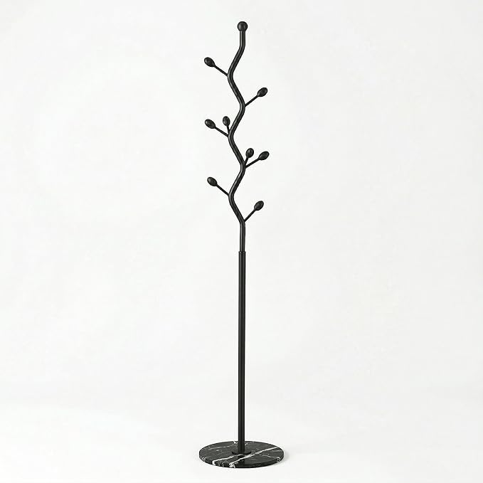 Freestanding Tree Branch Coat Rack with Marble Base, Gold Decorative Standing Coat Rack with 8 Hooks, Sturdy Heavy Duty Metal Coat Hanger Stand for Entryway Bedroom Living Room (All Black)