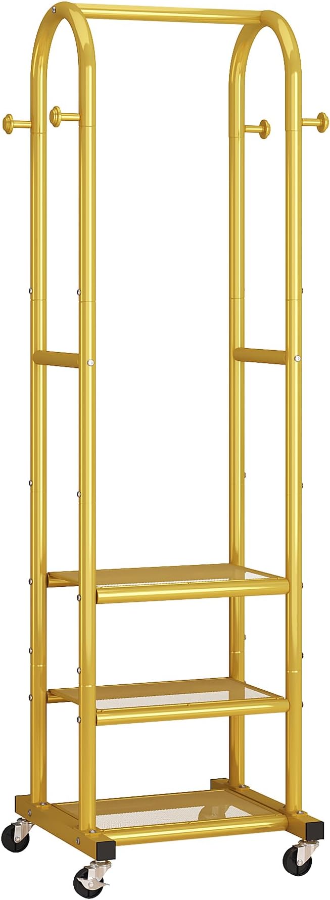 Dttwacoyh Hall Tree with Hanging Hooks,Gold Metal Decorative Freestanding Garment Rack on Wheels,3-in-1 Narrow Entryway Storage for Small Space,Suitable for Hallway,Bedroom and Bathroom,Gold