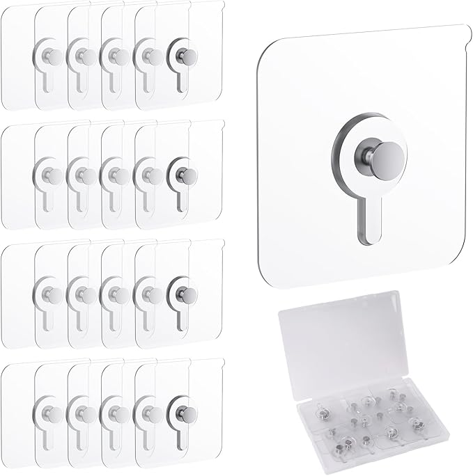 20 Pcs Adhesive Picture Hooks, 20 Ibs Load Heavy Duty Self Adhesive Wall Hooks for Hanging, Waterproof Picture Hangers Without Nails for Bathroom Kitchen, Transparent Sticky Hooks for Frames