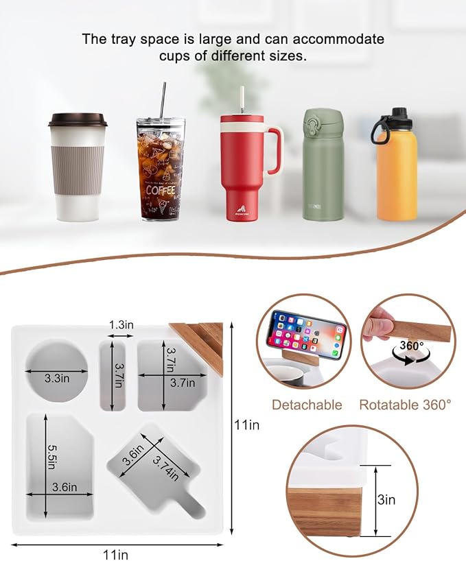 Couch Cup Holder Tray, Silicone Acacia Wooden Couch Caddy with Cup Holder for Snacks, Drinks, Remotes, Waterproof Cup Holder for Couch, Organizer, Couch Drink Holder, Pillow