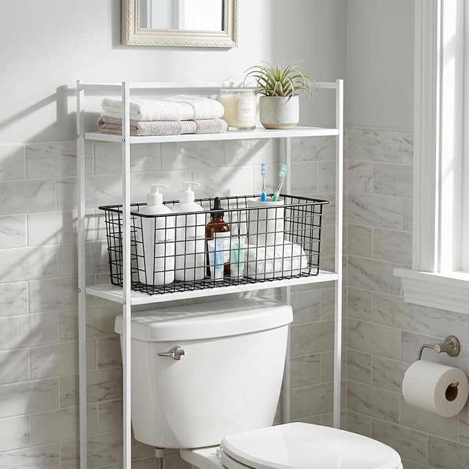 2 Pack Bedside Hanging Wire Basket for Storage Bedside Caddy Hanging Organizer Bunk Bed Shelf Holder Pocket for College Dorm Room Baby Bed Rails (White/Large)