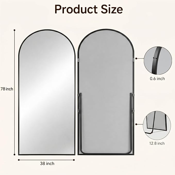 Antok Full Length Mirror, 78"x38" Floor Mirror with Stand, Hanging Mounted Mirrors for Bedroom, Living Room, Cloakroom, Dining Room, Black, Arched