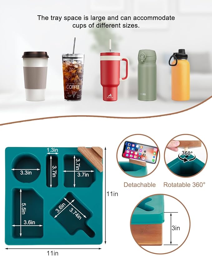 Couch Cup Holder Tray, Silicone Wooden Couch Caddy with Cup Holder for Snacks, Drinks, Remotes, Waterproof Cup Holder for Couch, Organizer, Couch Drink Holder