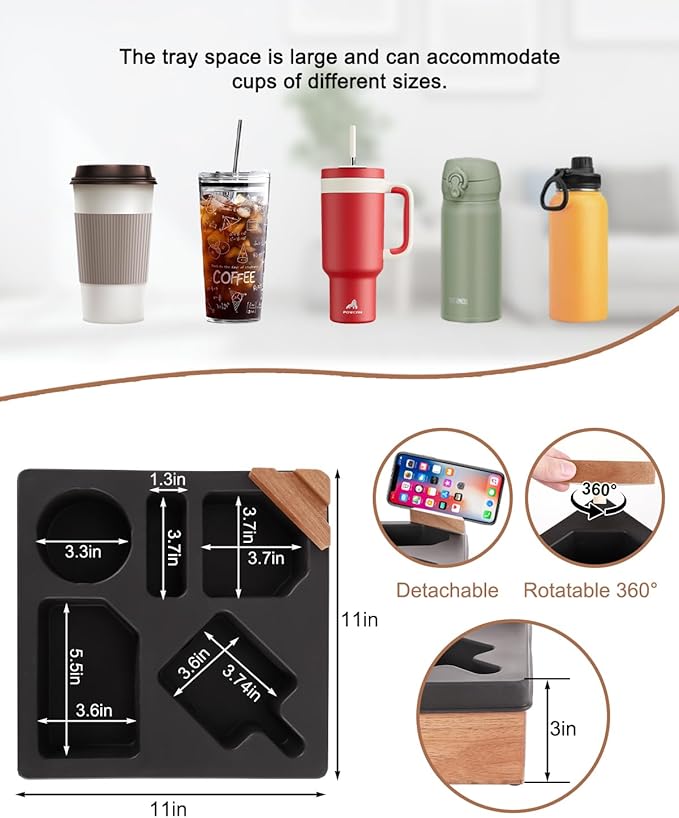 Couch Cup Holder Tray, Silicone Acacia Wooden Couch Caddy with Cup Holder for Snacks, Drinks, Remotes, Waterproof Cup Holder for Couch, Organizer, Movie Night Snack Trays