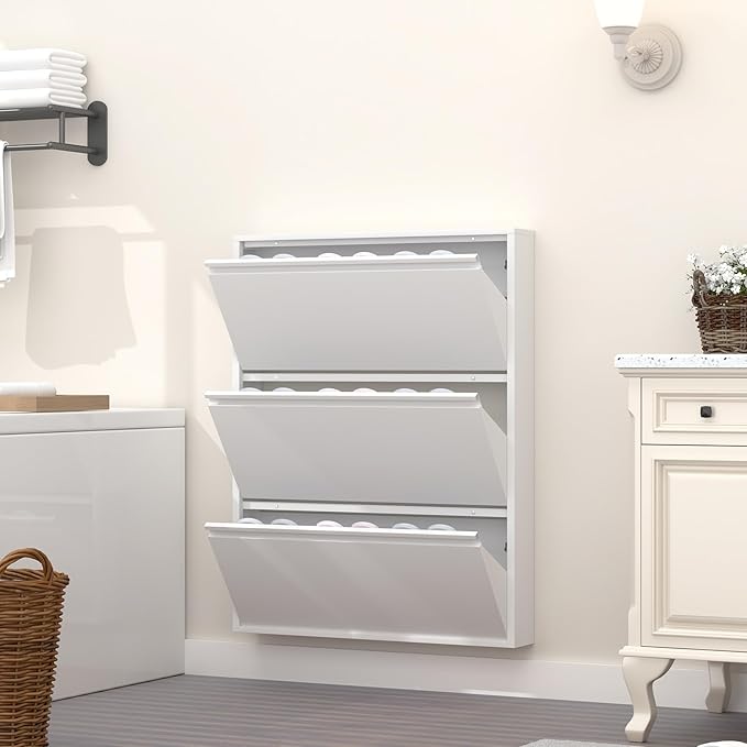 GREATMEET Slim Wall Mounted Metal Storage Cabinet with 3 Flip Drawers, Steel Hidden Shoe Cabinet Storage for Entryway, Modern Narrow Shoe Rack Organizer Cabinets for Entrance, Mudroom, Hallway, White