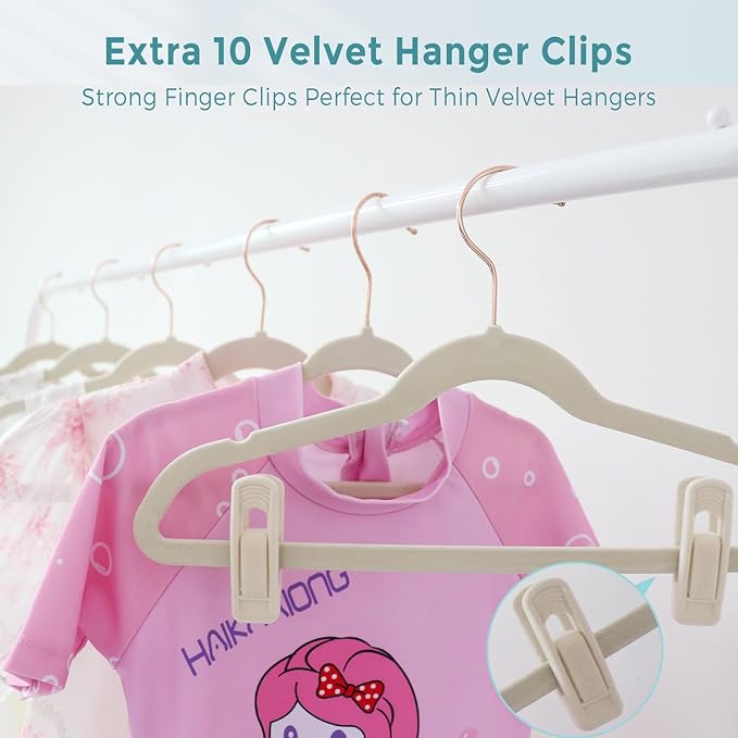 Tonswachic Baby Velvet Hangers 30 Pack - 11 Inch Premium Felt Non Slip Kids Hanger for Infant & Toddler Clothes - 0.2" Slim Space-Saving Baby Felt Hangers for Children's Closet with 10 Clips - Beige