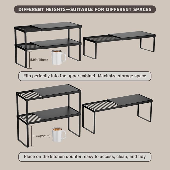 Magheo Expandable Cabinet Shelf Organizer, 2 Pack Stackable Kitchen Counter Shelf Riser, Metal Spice Rack Heavy Duty Countertop Organizer Storage for Kitchen, Pantry, Cupboard, Rv (5.9in Height,Black)