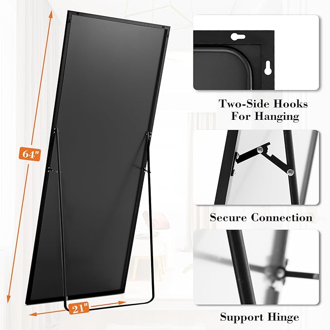 NEWBULIG 63.8"x20.8" Full Length Mirror, Full Body Floor Mirror with Aluminum Alloy Thin Frame, Wall or Standing Mirror for Bedroom, Living Room, Dressing Room, Black