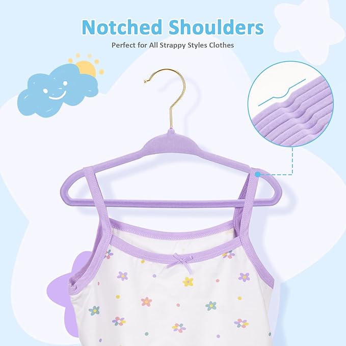 Tonswachic Baby Velvet Hangers 30 Pack - 11 Inch Premium Non Slip Kids Felt Hanger for Infant Clothes - Ultra Thin Baby Felt Hangers for Toddler Children's Closet with 10 Hanger Clips - Purple