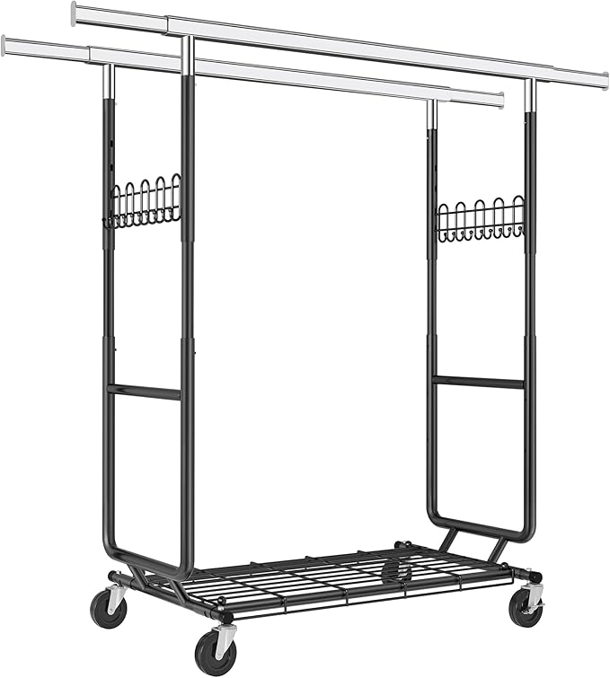 FAVOOSTY Heavy Duty Clothes Rack for Hanging Clothes Double Rods, Rolling & Extending Clothing Rack with Wheels, Garment Coat Rack Freestanding, Portable Clothes Rack, Black