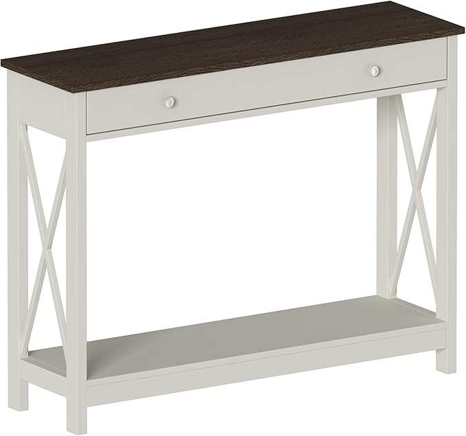 Treocho Farmhouse Console Table with Drawer and Storage Shelves, Foyer Sofa Table Narrow for Entryway, Living Room, Hallway, Antique White & Brown