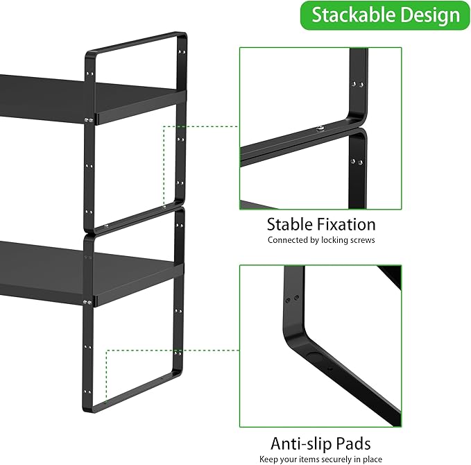 Expandable Cabinet Storage Shelf Stackable Organizer Rack for Kitchen Bathroom Pantry Spice Cupboard Countertop Home Office Desk Heavy Duty Nonslip Black Small 2 PACK