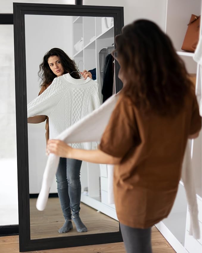 Full Length Mirror, 76"x34" Wooden Mirror Full Length with Stand Wood Floor Mirror, Oversized Stand Up Mirrors Large Wall Mirrors, Wall Mounted Mirrors, Rect Wood Style, Black