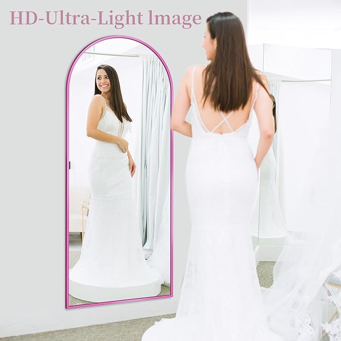 Full Length Mirror with Stand, 58"x19" Arched Full Body Mirror, Large Stand Up Aluminum Frame Floor Freestanding Hanging Leaning Mounted for Bedroom Living Room Entryway Pink