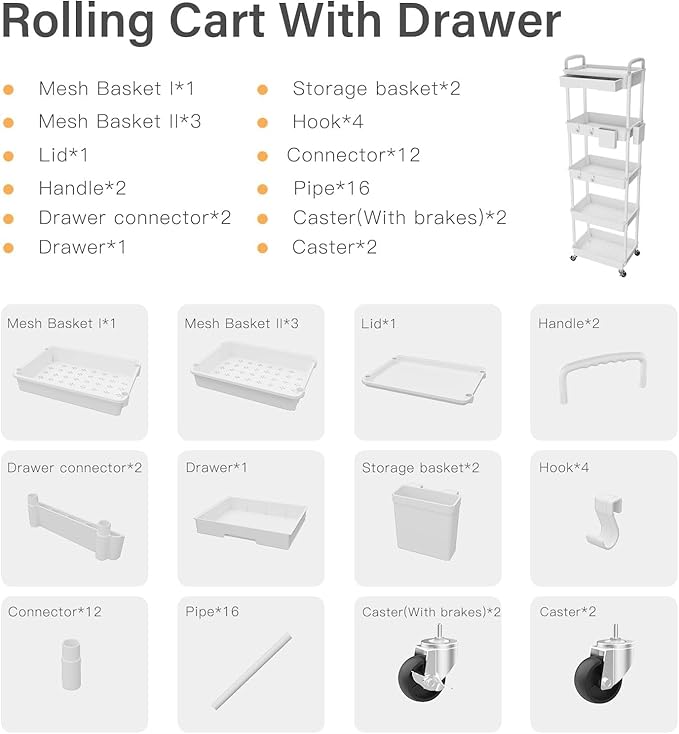 Sorgion 5 Tier Rolling Cart Organizer,Bathroom Cart Organizers with Wheels Laundry Room Organization Mobile Shelving Unit Utility Cart Storage Shelves Multi-Functional for Office, Home(White)