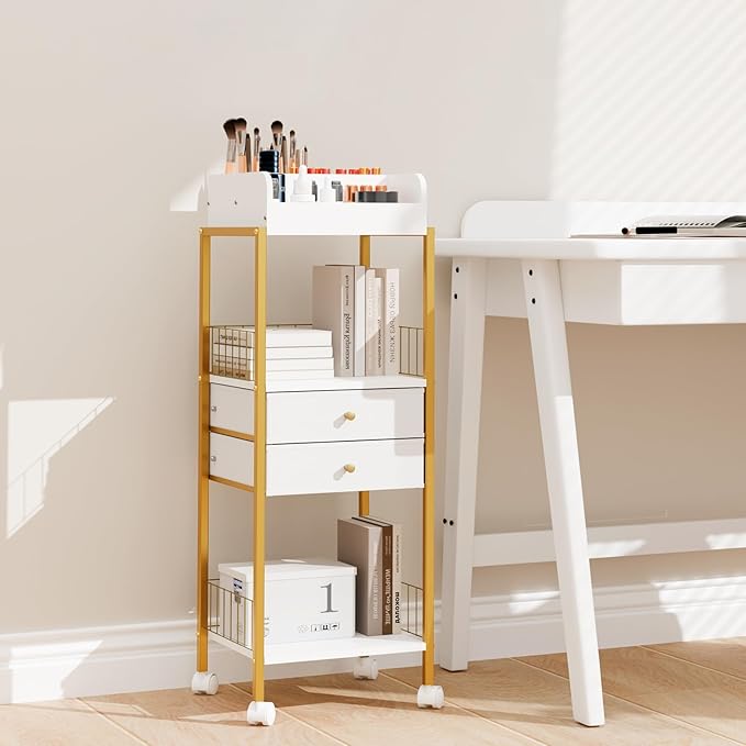 Makeup Organizer Cart Shelf Floor Skincare Organizers Make Up and Station Storage Cabinet For Vanity Standing Cosmetics With Drawers and Wheels For Nail Polish Perfume Hair Tool Holder Beauty(Gold)