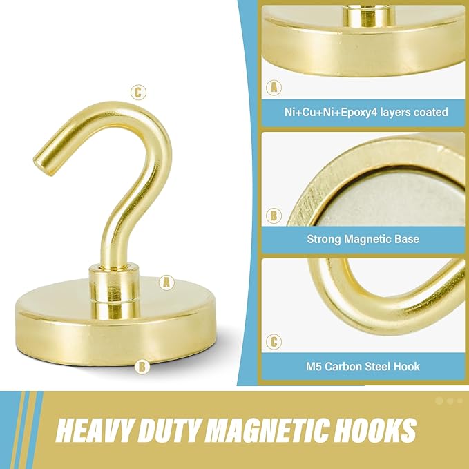 Neosmuk Magnetic Hooks, Heavy Duty 130lb+ Strong Magnet Hook for Cruise Cabins, Cruise Essentials 2026 for Hanging, Metal Wall Refrigerator Hangers (Golden, 10 Pack)