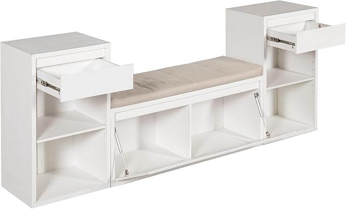 Merax All-in-One Shoe Storage Bench with Cushion & Flip Compartments, Entryway Bench with Drawers and Open Shelves, Solid Wood Storage Bench for Mudroom Hallway Living Room, White