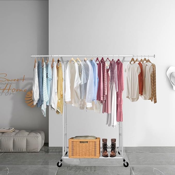 Fishat White Double Rod Garment Clothes Rack for Hanging Clothes, Rolling Organizer on Commercial Metal with Lockable Wheels Mobile Design for Coats Dresses