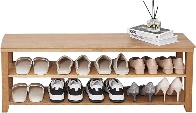 Shoe Rack Solid Wood Bench, 2-Tier Real Wooden Heavy Duty Shoe Storage Organizer Shelf for Entryway, Hallway, Mudroom, Living Room,Bedroom (Natural, 11.81"X39.4"X16.54")