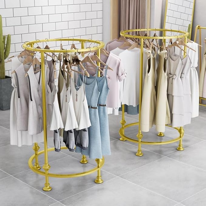 Freestanding Round Garment Display Retail Rack, Floor-Standing Double Space Multi-Purpose Metal Shelf for Clothes Storage, Commercial Clothing Organizer in Retail Boutiques and Bedroom