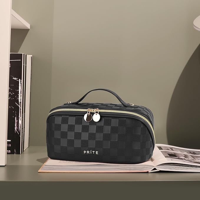 Prite Makeup Bag for Women Travel Waterproof Vegan Leather Cosmetic Bag Open Flat Toiletry Bag With Clear Divider and Handle (Plaid Black, Medium)