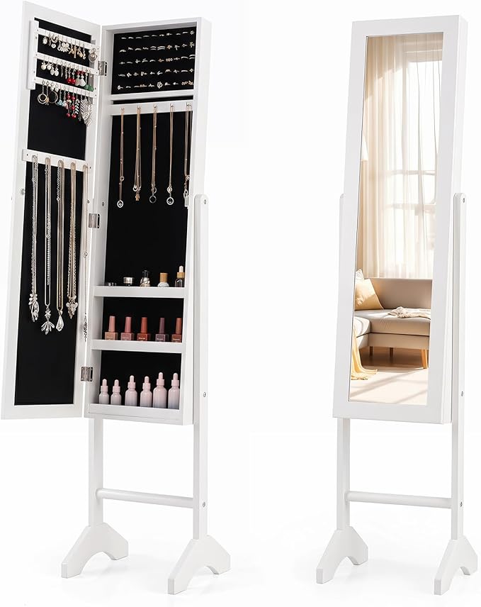 Giantex Jewelry Armoire with Full Length Mirror, Freestanding Jewelry Organizer Cabinet with Ring Slots, Earring Holders, Necklace Hooks & Storage Shelves for Bedroom (White)