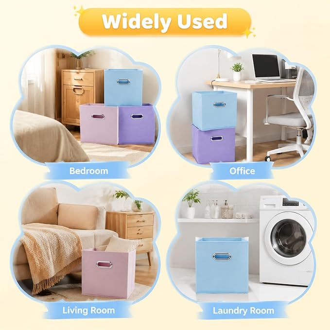 6 Pack Storage Bins, 10.4 x 10.4 x 11 Inch Foldable Fabric Storage Cubes with Metal Handles for Shelves, Closet, Clothes, Toy(Multicolor)