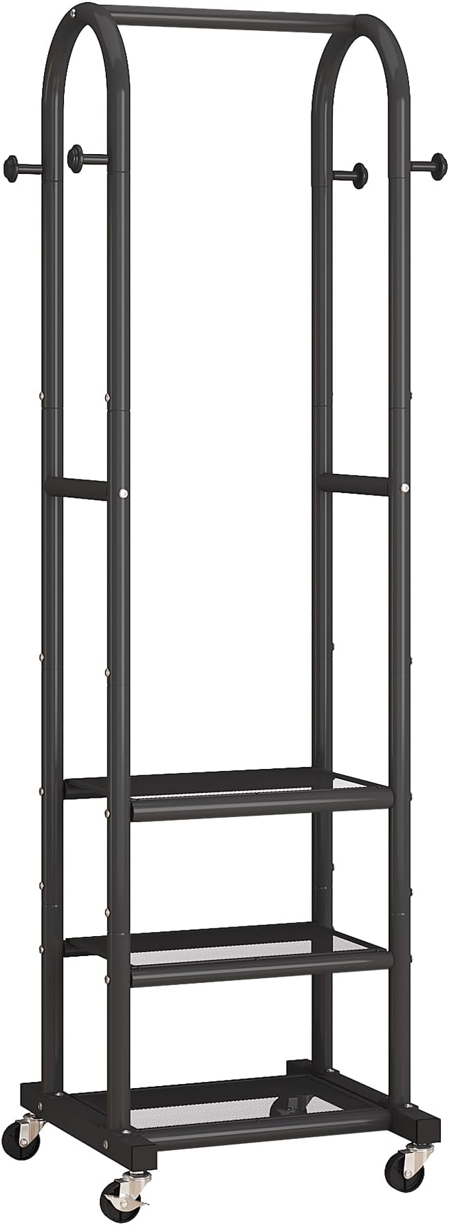 Dttwacoyh Narrow Hall Tree for Small Space, Small Coat Rack with Shoe Shelves, Tall Free Standing Metal Garment Rack on Wheels and Hanging Hooks for Entryway, Mud Room, Laundry Room – Black