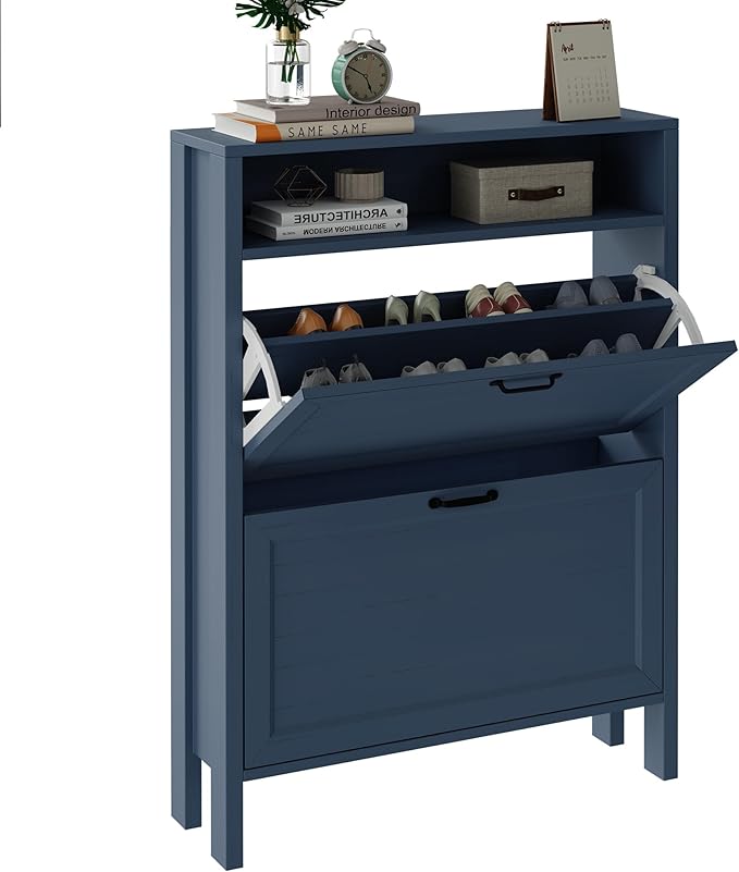 LOUVIXA Shoe Cabinet with 2 Flip Drawers, Narrow Shoe Storage Cabinet, Freestanding Shoe Cabinet Organizer, Hidden Shoe Rack Cabinet for Entryway, Hallway (2-Drawers, Blue)