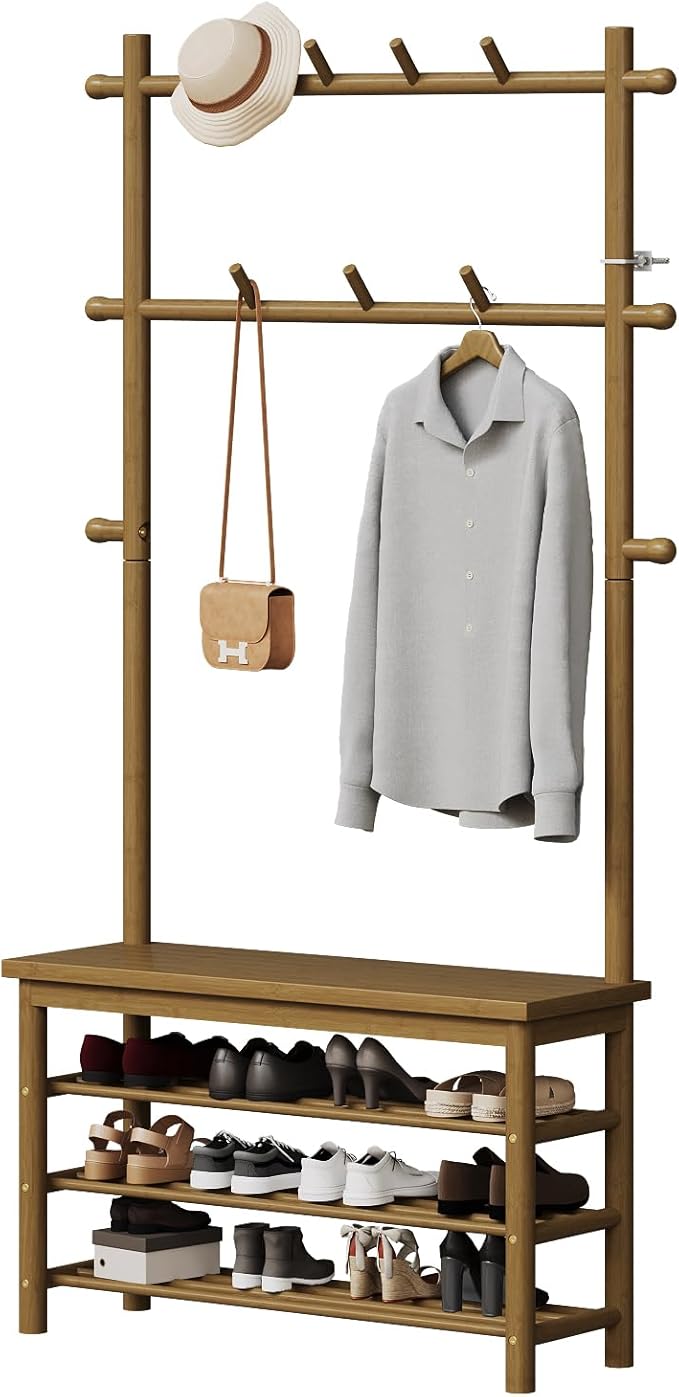 Bamboo Hall Tree with 13 Hook, 6-in-1 Entryway Bench with Coat Rack Freestanding, Coat Rack with Shoe Storage Bench Organizer for Mudroom, Bedroom, All-in-One Shoe Rack,Walnut