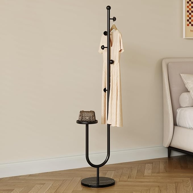 Coat Rack,Metal Free Standing Coat Stand with marble base, Hall Coat Tree with 6 Hooks and Storage Tray,68.9 Inch Tall, for Coats, Hats, Bags, for Entryway, Hallway, Bedroom