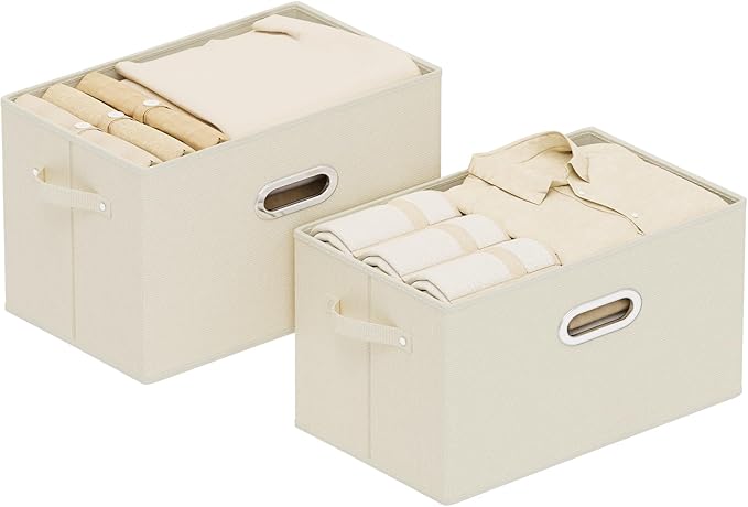 Foldable Cloth Basket with 4 Handles, Decorative Open Storage Boxes, Stackable Cube Organization, Fabric Bins for Shelves, Closet, Living Room, 15x9.8x9.8in, Beige, 2 Pack